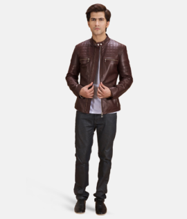 Mens Urbane Quilted Maroon Leather Biker Jacket - JH0093