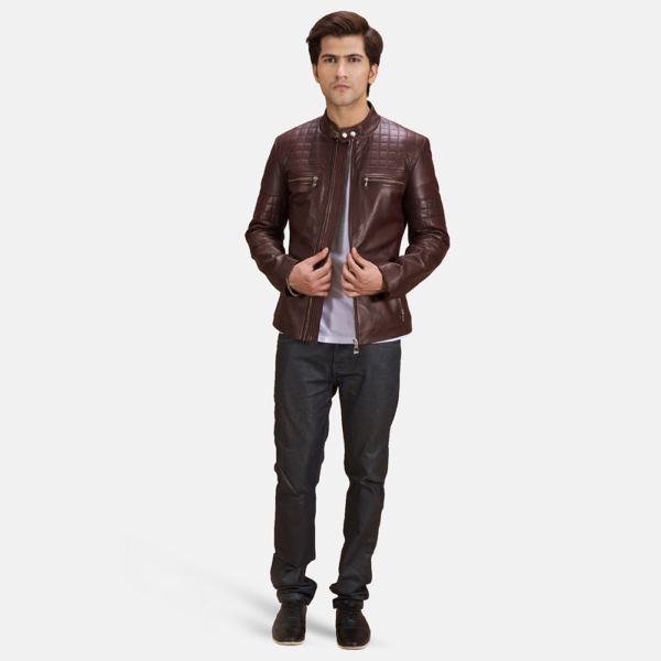 Mens Urbane Quilted Maroon Leather Biker Jacket - JH0093