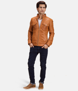 Mens Real Sheepskin Leather Voltex Tan Leather Biker Jacket - JH0094