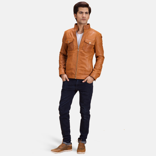 Mens Real Sheepskin Leather Voltex Tan Leather Biker Jacket - JH0094
