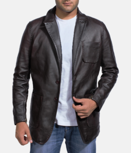 Mens Real Cowhide Leather Wine Black Leather Blazer - JH0034