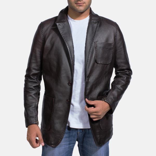 Mens Real Cowhide Leather Wine Black Leather Blazer - JH0034