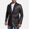 Mens Real Cowhide Leather Wine Black Leather Blazer - JH0034