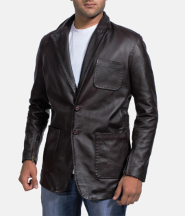 Mens Real Cowhide Leather Wine Black Leather Blazer - JH0034