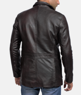 Mens Real Cowhide Leather Wine Black Leather Blazer - JH0034