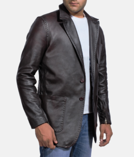 Mens Real Cowhide Leather Wine Black Leather Blazer - JH0034