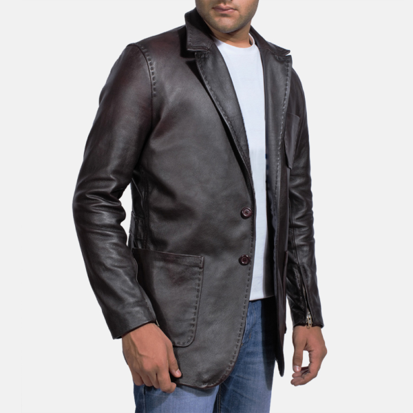 Mens Real Cowhide Leather Wine Black Leather Blazer - JH0034