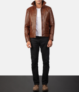 Mens Sheepskin Leather Columbus Brown Leather Bomber Jacket - JH0051