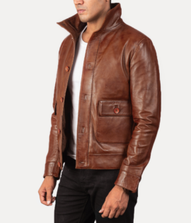 Mens Sheepskin Leather Columbus Brown Leather Bomber Jacket - JH0051