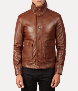 Mens Sheepskin Leather Columbus Brown Leather Bomber Jacket - JH0051