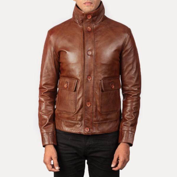 Mens Sheepskin Leather Columbus Brown Leather Bomber Jacket - JH0051