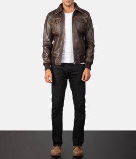 Real Goatskin Leather Aaron Brown Leather Bomber Jacket - JH0050