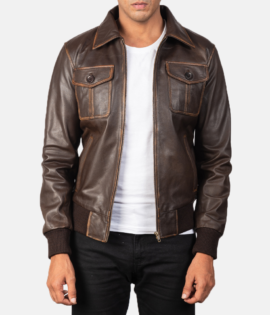 Real Goatskin Leather Aaron Brown Leather Bomber Jacket - JH0050