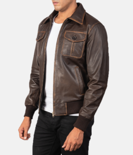 Real Goatskin Leather Aaron Brown Leather Bomber Jacket - JH0050