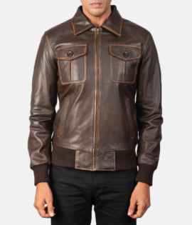 Real Goatskin Leather Aaron Brown Leather Bomber Jacket - JH0050