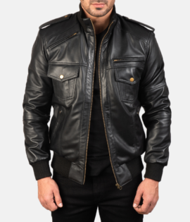 Mens Agent Shadow Black Leather Bomber Jacket - JH0014