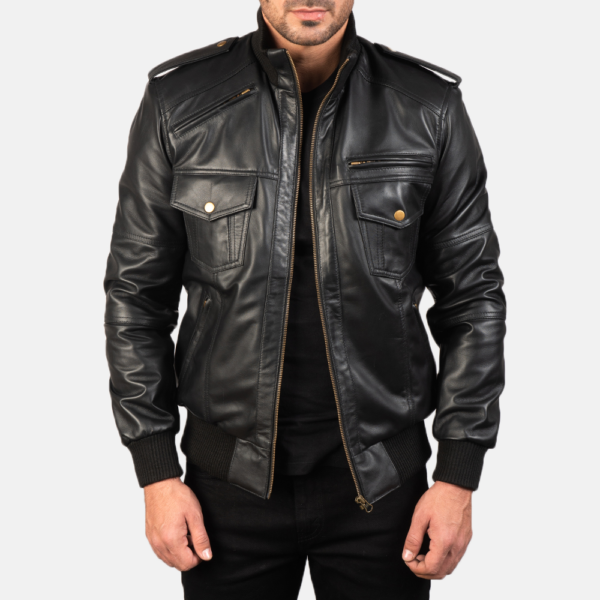 Mens Agent Shadow Black Leather Bomber Jacket - JH0014