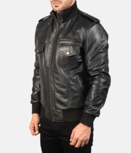 Mens Agent Shadow Black Leather Bomber Jacket - JH0014