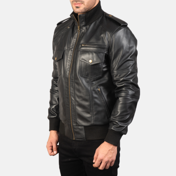 Mens Agent Shadow Black Leather Bomber Jacket - JH0014