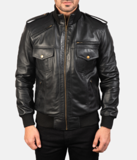 Mens Agent Shadow Black Leather Bomber Jacket - JH0014