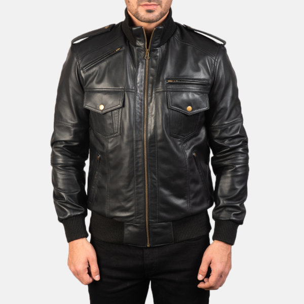 Mens Agent Shadow Black Leather Bomber Jacket - JH0014