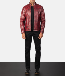 Mens Real Cowhide Leather Alex Distressed Burgundy Leather Jacket - JH0116