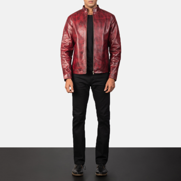 Mens Real Cowhide Leather Alex Distressed Burgundy Leather Jacket - JH0116