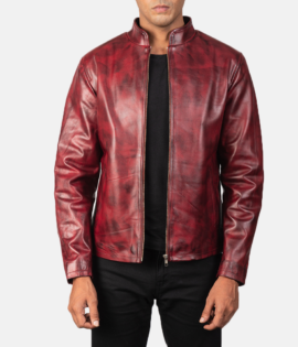 Mens Real Cowhide Leather Alex Distressed Burgundy Leather Jacket - JH0116