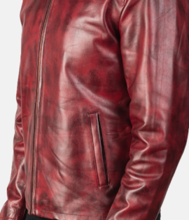 Mens Real Cowhide Leather Alex Distressed Burgundy Leather Jacket - JH0116