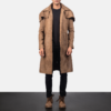 Mens Real Sheepskin Leather Army Brown Leather Duster - JH0031