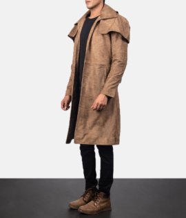 Mens Real Sheepskin Leather Army Brown Leather Duster - JH0031