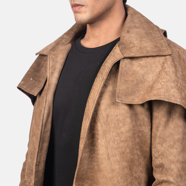 Mens Real Sheepskin Leather Army Brown Leather Duster - JH0031