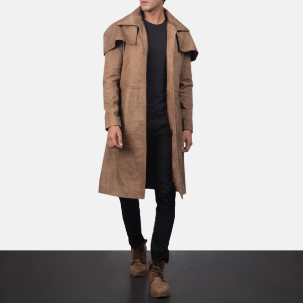 Mens Real Sheepskin Leather Army Brown Leather Duster - JH0031