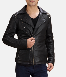 Mens Real Sheepskin Leather Black Studded Leather Biker Jacket - JH0095