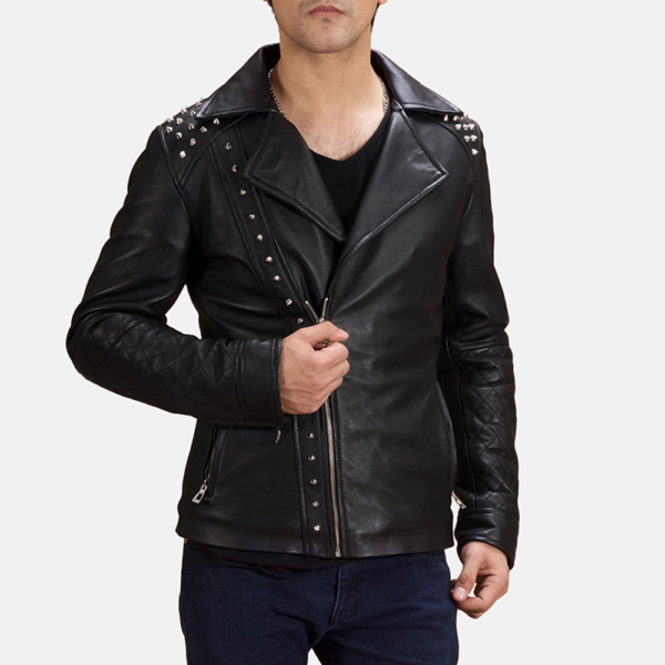 Mens Real Sheepskin Leather Black Studded Leather Biker Jacket - JH0095