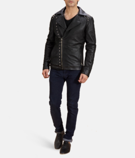 Mens Real Sheepskin Leather Black Studded Leather Biker Jacket - JH0095