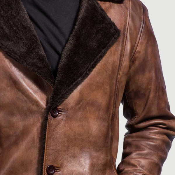 Mens Real Sheepskin Leather Cinnamon Distressed Leather Fur Coat - JH0045