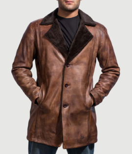 Mens Real Sheepskin Leather Cinnamon Distressed Leather Fur Coat - JH0045