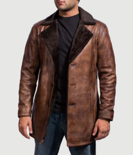 Mens Real Sheepskin Leather Cinnamon Distressed Leather Fur Coat - JH0045