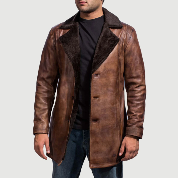 Mens Real Sheepskin Leather Cinnamon Distressed Leather Fur Coat - JH0045