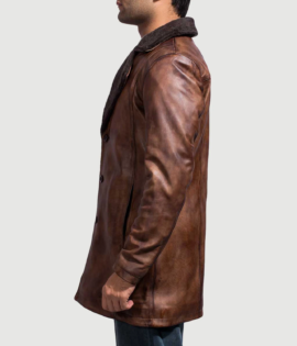 Mens Real Sheepskin Leather Cinnamon Distressed Leather Fur Coat - JH0045