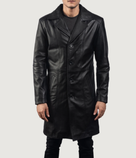 Mens Real Cowhide Leather Don Long Black Coat - JH0018