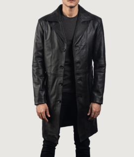 Mens Real Cowhide Leather Don Long Black Coat - JH0018