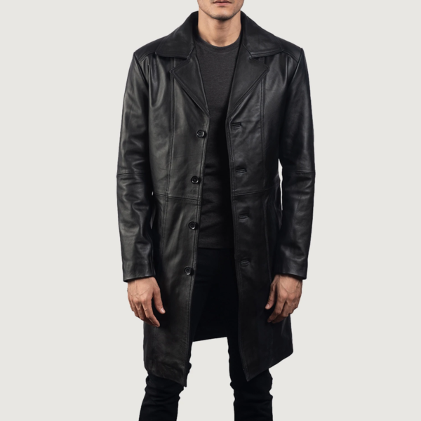 Mens Real Cowhide Leather Don Long Black Coat - JH0018