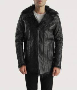 Mens Sheepskin Leather Furcliff Black Leather Coat - JH0040