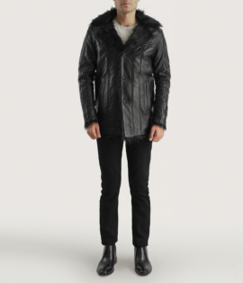 Mens Sheepskin Leather Furcliff Black Leather Coat - JH0040