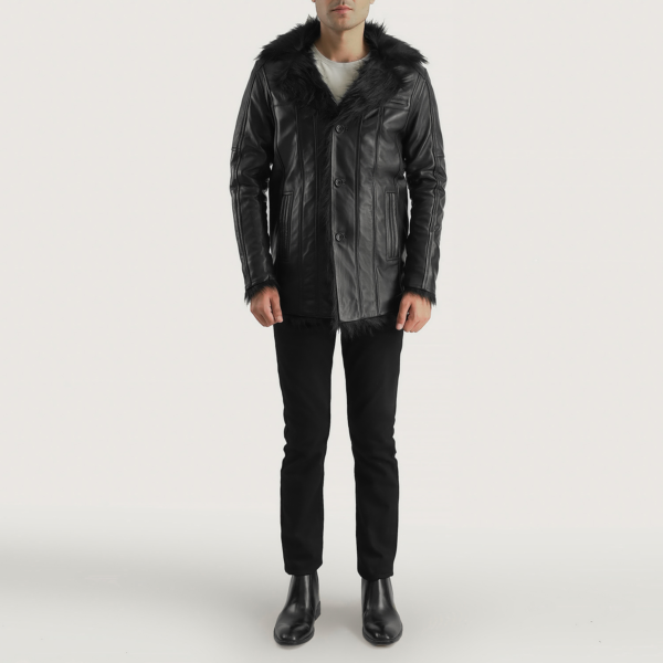 Mens Sheepskin Leather Furcliff Black Leather Coat - JH0040