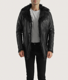 Mens Sheepskin Leather Furcliff Black Leather Coat - JH0040