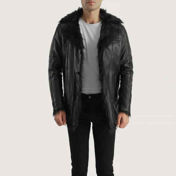 Mens Sheepskin Leather Furcliff Black Leather Coat - JH0040