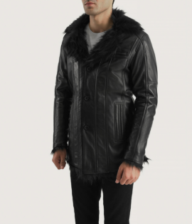 Mens Sheepskin Leather Furcliff Black Leather Coat - JH0040